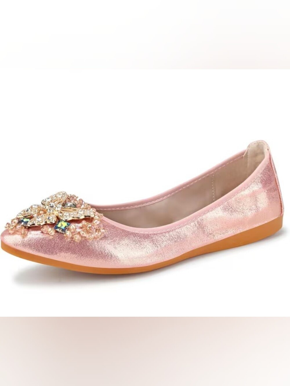 Elegant Metallic Pink Bejeweled Butterfly Ballet Flats